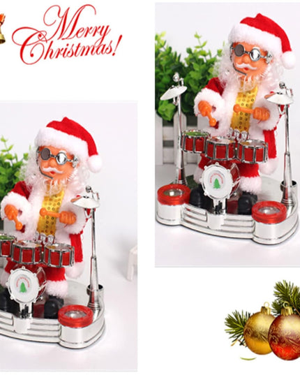 Decoratiune Mos Craciun, Animat, care Canta si Danseaza, cu Tobe, Imbracat Festiv, Inaltime