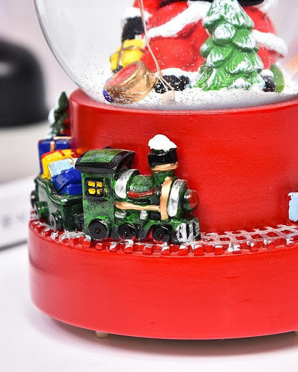 Decoratiune muzicala glob cu zapada, cu lumini si muzica, Mos Craciun, cu trenulet