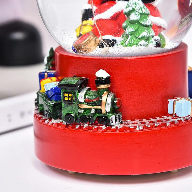 Decoratiune muzicala glob cu zapada, cu lumini si muzica, Mos Craciun, cu trenulet