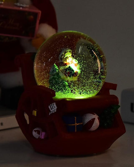 Decoratiune muzicala glob cu zapada, cu lumini si muzica, Mos Craciun, forma scaun