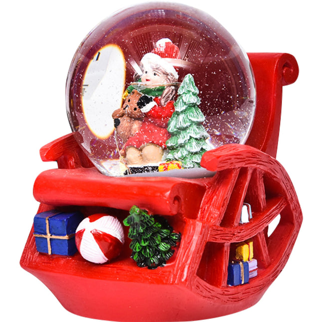 Decoratiune muzicala glob cu zapada, cu lumini si muzica, Mos Craciun, forma scaun