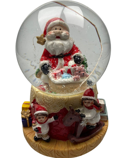 Decoratiune muzicala glob cu zapada, cu lumini si muzica, Mos Craciun si copilasi