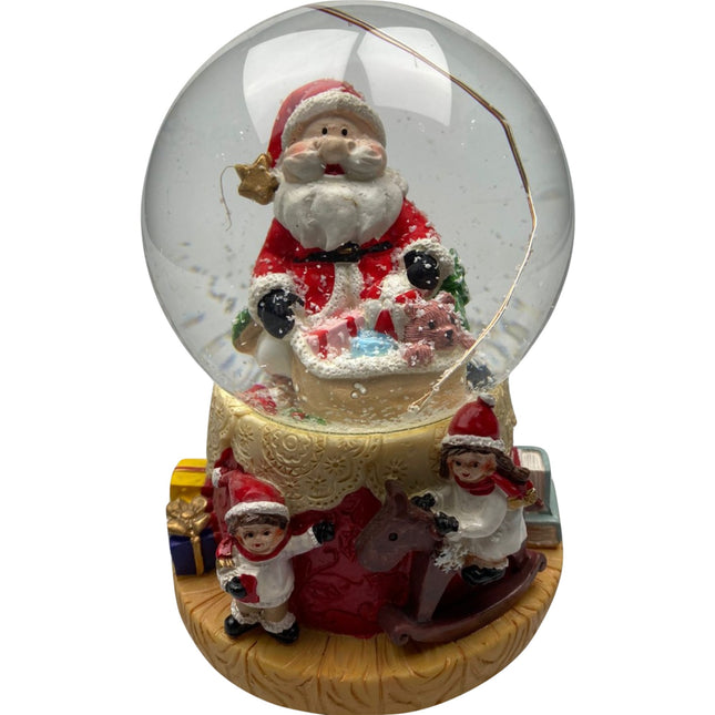 Decoratiune muzicala glob cu zapada, cu lumini si muzica, Mos Craciun si copilasi