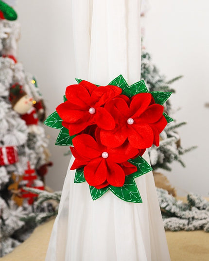Decoratiune pentru perdea/draperie cu tematica de Craciun model floare Craciunita, material texit si poliester,cu snur