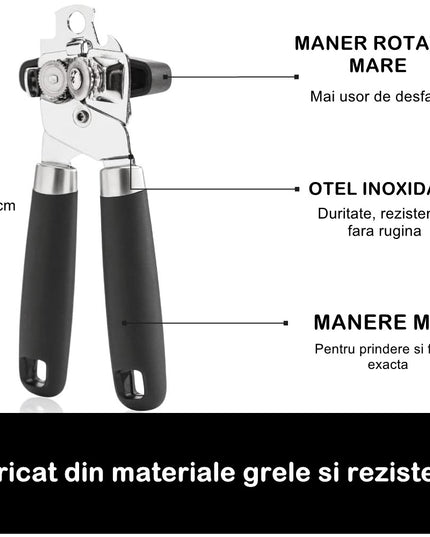 Desfacator de conserve multifunctional Otel inoxidabil, Maner antialunecare, ergonomic, rezistent la rugina, usor de utilizat,
