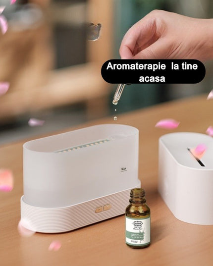 Difuzor de ulei esential cu flacara aromaterapie, umidificator de aer, rezervor 180 ml, simulare efectelor de iluminare a flacarii, lumina veghe ajustabila