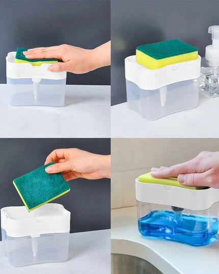 Dozator Dispenser 2 in 1 pentru Detergent Lichid de Vase sau pentru Obiecte Sanitare cu Suport pentru Burete de Bucatarie ,14 x 10.5 x 10 cm, capacitate 380 ml