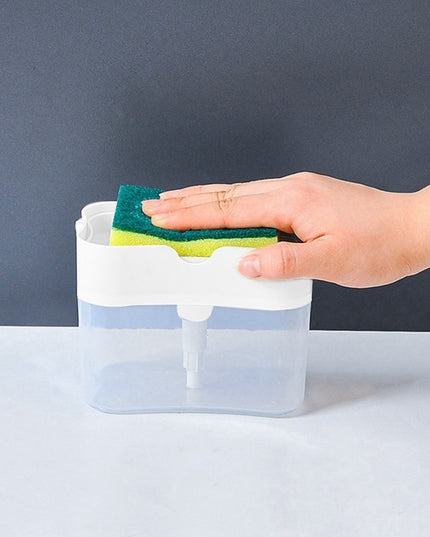 Dozator Dispenser 2 in 1 pentru Detergent Lichid de Vase sau pentru Obiecte Sanitare cu Suport pentru Burete de Bucatarie ,14 x 10.5 x 10 cm, capacitate 380 ml