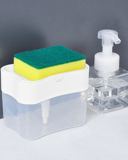 Dozator Dispenser 2 in 1 pentru Detergent Lichid de Vase sau pentru Obiecte Sanitare cu Suport pentru Burete de Bucatarie ,14 x 10.5 x 10 cm, capacitate 380 ml