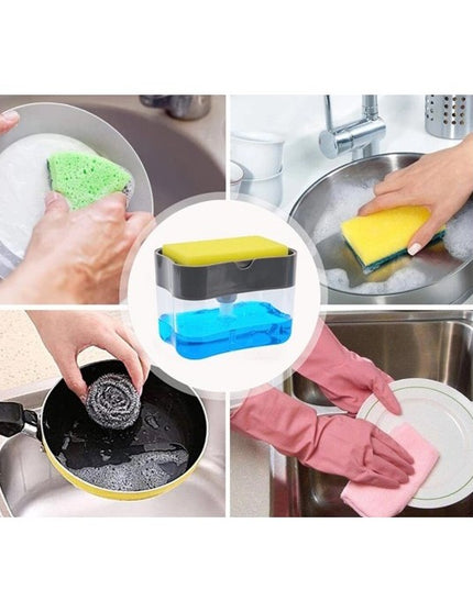 Dozator Dispenser 2 in 1 pentru Detergent Lichid de Vase sau pentru Obiecte Sanitare cu Suport pentru Burete de Bucatarie ,14 x 10.5 x 10 cm, capacitate 380 ml