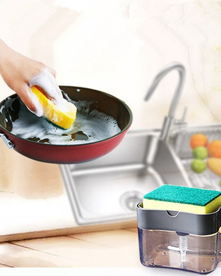 Dozator Dispenser 2 in 1 pentru Detergent Lichid de Vase sau pentru Obiecte Sanitare cu Suport pentru Burete de Bucatarie ,14 x 10.5 x 10 cm, capacitate 380 ml