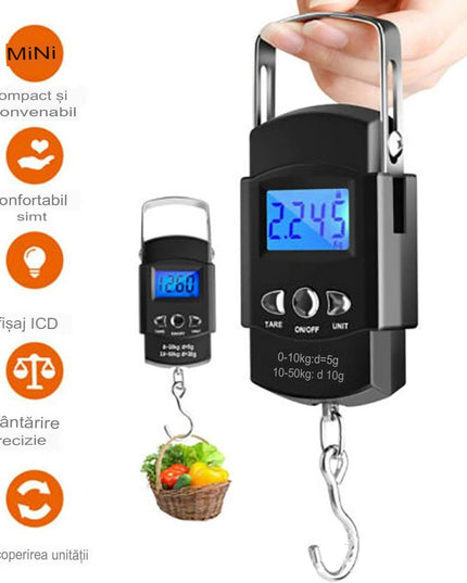 Cantar Digital de Mana cu Carlig, Cantar Portabil, Pescuit, cu Maner, Capacitate 50 kg, cu Metru Incorporat