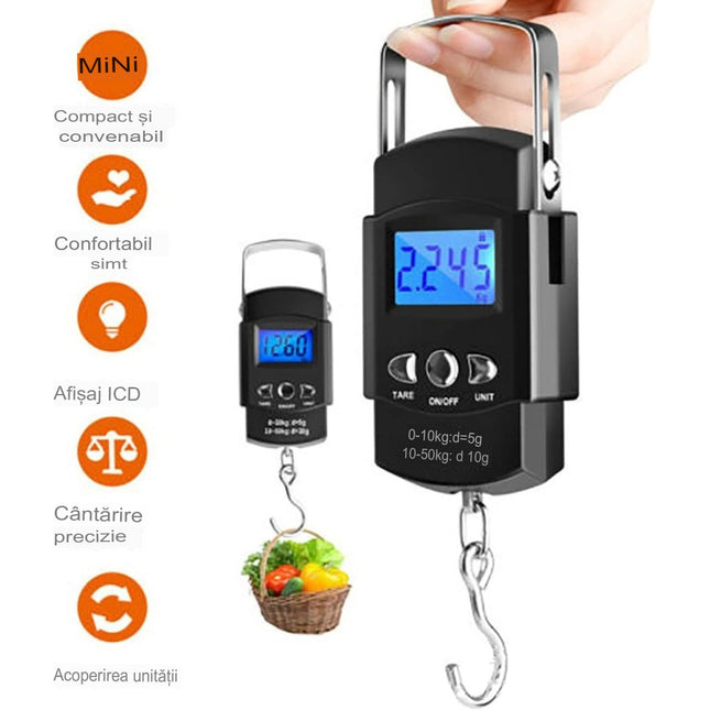 Cantar Digital de Mana cu Carlig, Cantar Portabil, Pescuit, cu Maner, Capacitate 50 kg, cu Metru Incorporat