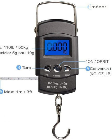 Cantar Digital de Mana cu Carlig, Cantar Portabil, Pescuit, cu Maner, Capacitate 50 kg, cu Metru Incorporat
