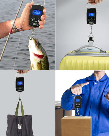 Cantar Digital de Mana cu Carlig, Cantar Portabil, Pescuit, cu Maner, Capacitate 50 kg, cu Metru Incorporat
