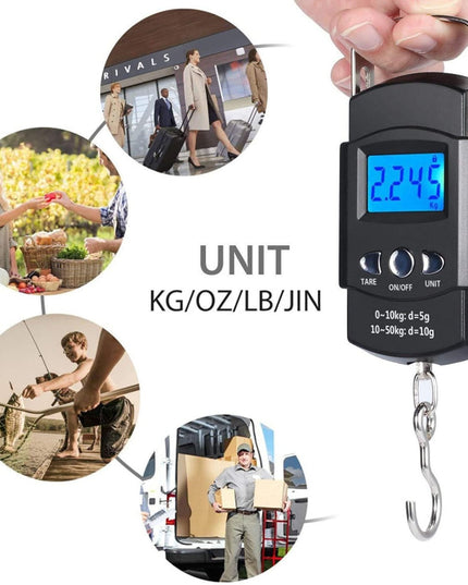 Cantar Digital de Mana cu Carlig, Cantar Portabil, Pescuit, cu Maner, Capacitate 50 kg, cu Metru Incorporat
