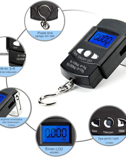 Cantar Digital de Mana cu Carlig, Cantar Portabil, Pescuit, cu Maner, Capacitate 50 kg, cu Metru Incorporat