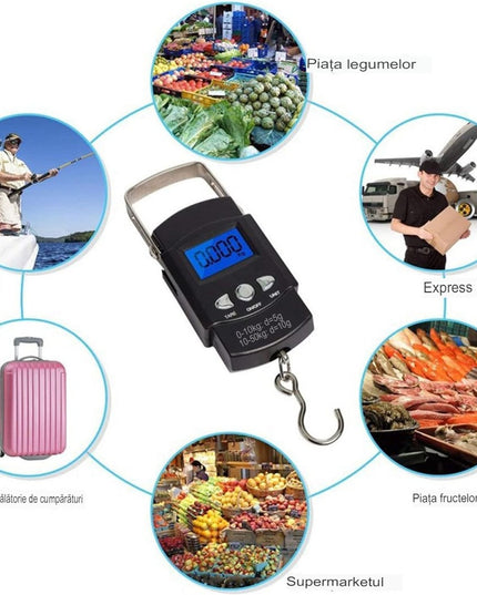 Cantar Digital de Mana cu Carlig, Cantar Portabil, Pescuit, cu Maner, Capacitate 50 kg, cu Metru Incorporat