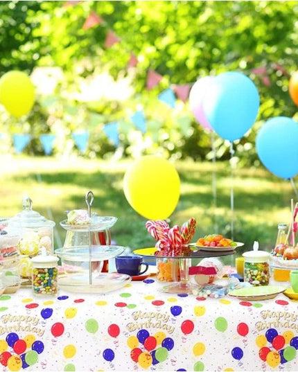 Fata de Masa, din PEVA, Imprimeu Happy Birthday cu Baloane,Impermeabila, Fara Pete, Curatare Rapida