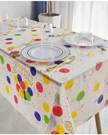 Fata de Masa, din PEVA, Imprimeu Happy Birthday cu Baloane,Impermeabila, Fara Pete, Curatare Rapida