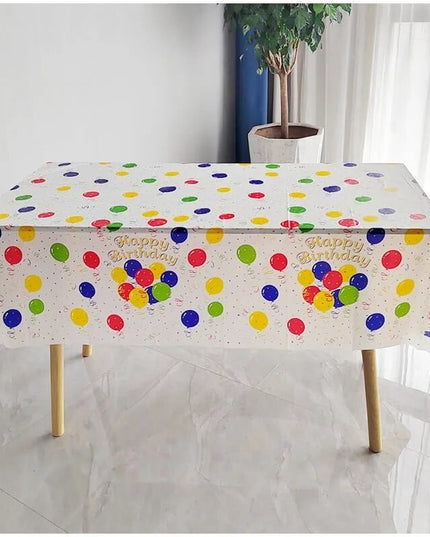 Fata de Masa, din PEVA, Imprimeu Happy Birthday cu Baloane,Impermeabila, Fara Pete, Curatare Rapida