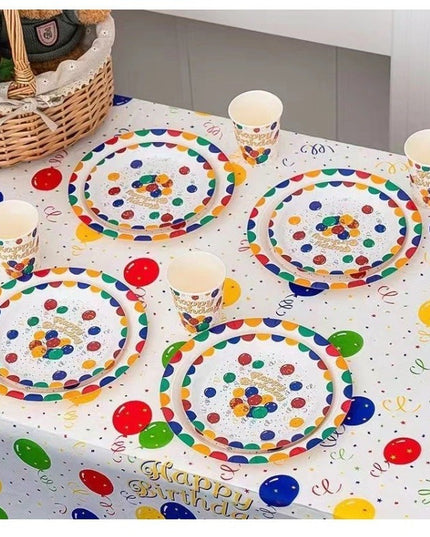 Fata de Masa, din PEVA, Imprimeu Happy Birthday cu Baloane,Impermeabila, Fara Pete, Curatare Rapida