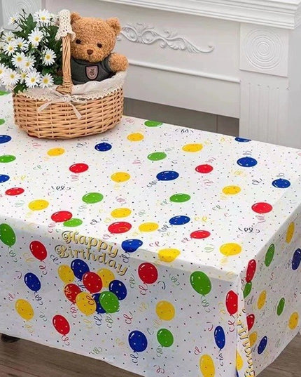 Fata de Masa, din PEVA, Imprimeu Happy Birthday cu Baloane,Impermeabila, Fara Pete, Curatare Rapida