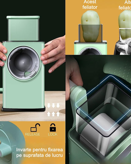 Feliator manual pentru legume 3 lame din otel inxodabil, 3 tipuri de feliere, material carcasa ABS, latime maxima feliere , baza de tip ventuza, usor si sigur de utilizat