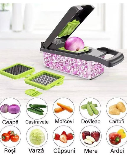 Feliator Multifunctional, Razatoare, 8 in 1, pentru Fructe si Legume, 10 Piese, Lame de Inox, Recipient Stocare, Separator Oua, Protectie Mana, ABS, 32.2x11.3 cm, /
