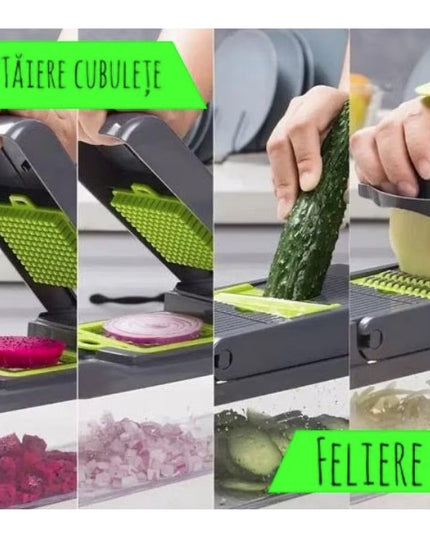 Feliator Multifunctional, Razatoare, 8 in 1, pentru Fructe si Legume, 10 Piese, Lame de Inox, Recipient Stocare, Separator Oua, Protectie Mana, ABS, 32.2x11.3 cm, /