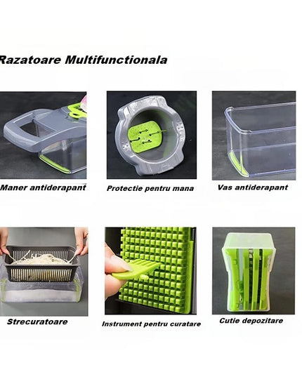 Feliator Multifunctional, Razatoare, 8 in 1, pentru Fructe si Legume, 10 Piese, Lame de Inox, Recipient Stocare, Separator Oua, Protectie Mana, ABS, 32.2x11.3 cm, /