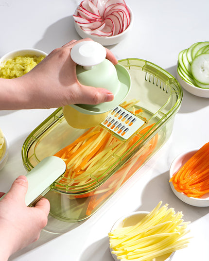 Feliator Multifunctional, 1, pentru Fructe si Legume, 6 Piese, Maner, Lame de Inox, Recipient Stocare, Protectie Mana, ABS