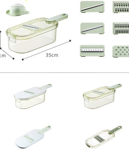 Feliator Multifunctional, 1, pentru Fructe si Legume, 9 Piese, Maner, Lame de Inox, Recipient Stocare, Protectie Mana, ABS