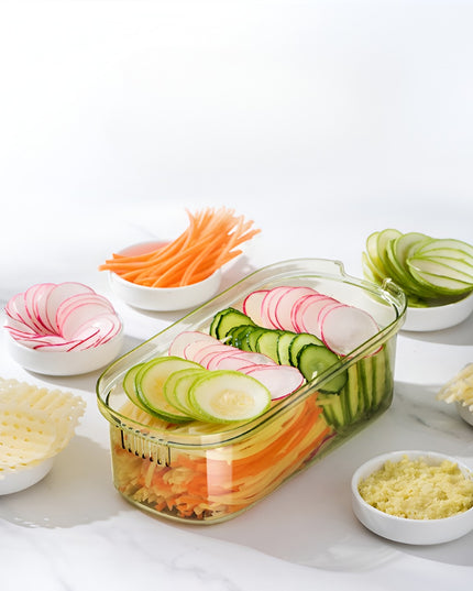 Feliator Multifunctional, 1, pentru Fructe si Legume, 9 Piese, Maner, Lame de Inox, Recipient Stocare, Protectie Mana, ABS