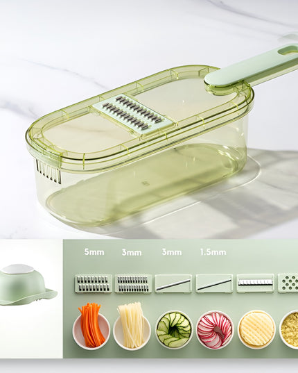Feliator Multifunctional, 1, pentru Fructe si Legume, 9 Piese, Maner, Lame de Inox, Recipient Stocare, Protectie Mana, ABS