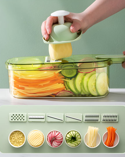 Feliator Multifunctional, 1, pentru Fructe si Legume, 9 Piese, Maner, Lame de Inox, Recipient Stocare, Protectie Mana, ABS