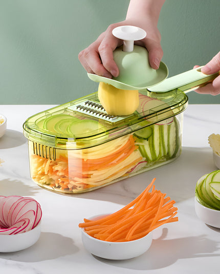 Feliator Multifunctional, 1, pentru Fructe si Legume, 9 Piese, Maner, Lame de Inox, Recipient Stocare, Protectie Mana, ABS