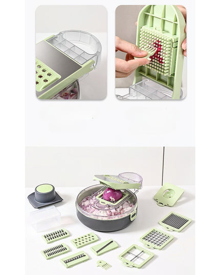 Feliator Multifunctional, Razatoare, 1, pentru Fructe si Legume, 12 Piese, Lame de Inox, Recipient Stocare, Separator Oua, Protectie Mana, ABS