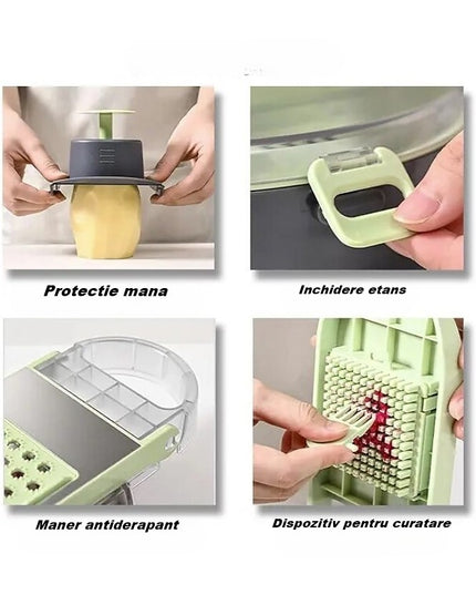 Feliator Multifunctional, Razatoare, 1, pentru Fructe si Legume, 12 Piese, Lame de Inox, Recipient Stocare, Separator Oua, Protectie Mana, ABS