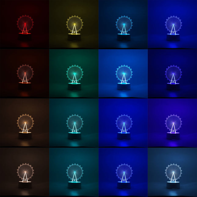 Lampa LED decorativa, 3D, Roata Panoramica, cu telecomanda, doua moduri de alimentare USB si baterii, inaltime, din material acril si lumina multicolora