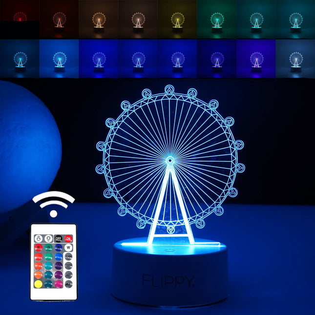 Lampa LED decorativa, 3D, Roata Panoramica, cu telecomanda, doua moduri de alimentare USB si baterii, inaltime, din material acril si lumina multicolora