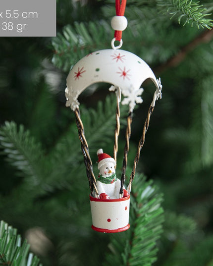Figurina pentru Brad de Craciun, Model Om de Zapada in Balon cu Aer Cald, Ornament pentru Brad, din Metal
