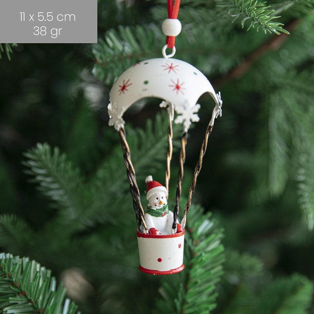 Figurina pentru Brad de Craciun, Model Om de Zapada in Balon cu Aer Cald, Ornament pentru Brad, din Metal