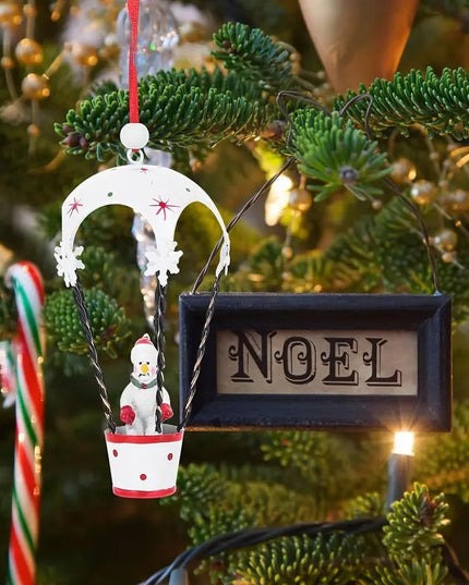 Figurina pentru Brad de Craciun, Model Om de Zapada in Balon cu Aer Cald, Ornament pentru Brad, din Metal