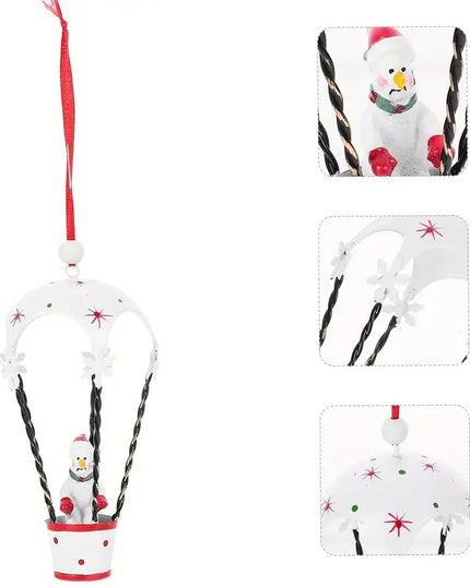 Figurina pentru Brad de Craciun, Model Om de Zapada in Balon cu Aer Cald, Ornament pentru Brad, din Metal