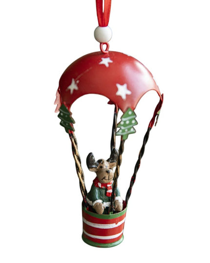 Figurina pentru Brad de Craciun, Model Ren in Balon cu Aer Cald, Ornament pentru Brad, din Metal