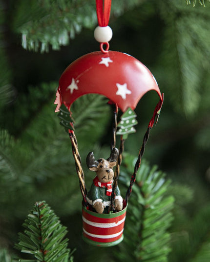 Figurina pentru Brad de Craciun, Model Ren in Balon cu Aer Cald, Ornament pentru Brad, din Metal