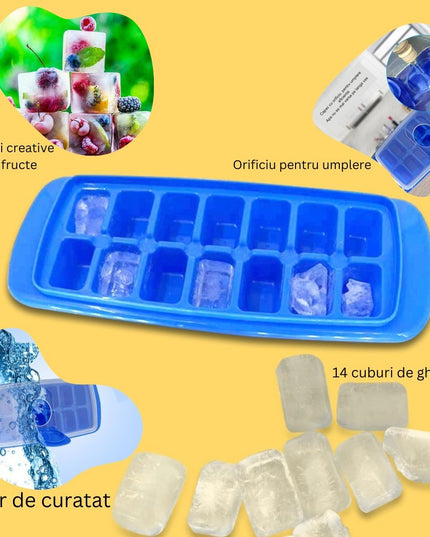 Forma pentru cuburi de gheata 14 cuburi, reutilizabil, plastic alimentar, cu capac, orificiu umplere, dreptunghiulara