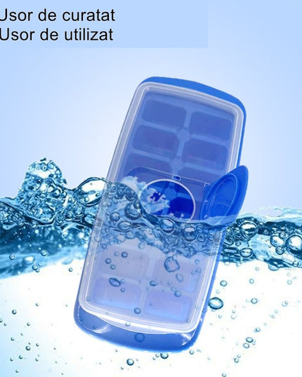 Forma pentru cuburi de gheata 14 cuburi, reutilizabil, plastic alimentar, cu capac, orificiu umplere, dreptunghiulara