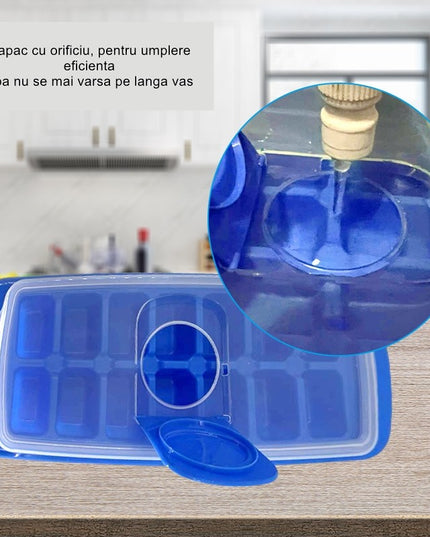 Forma pentru cuburi de gheata 14 cuburi, reutilizabil, plastic alimentar, cu capac, orificiu umplere, dreptunghiulara